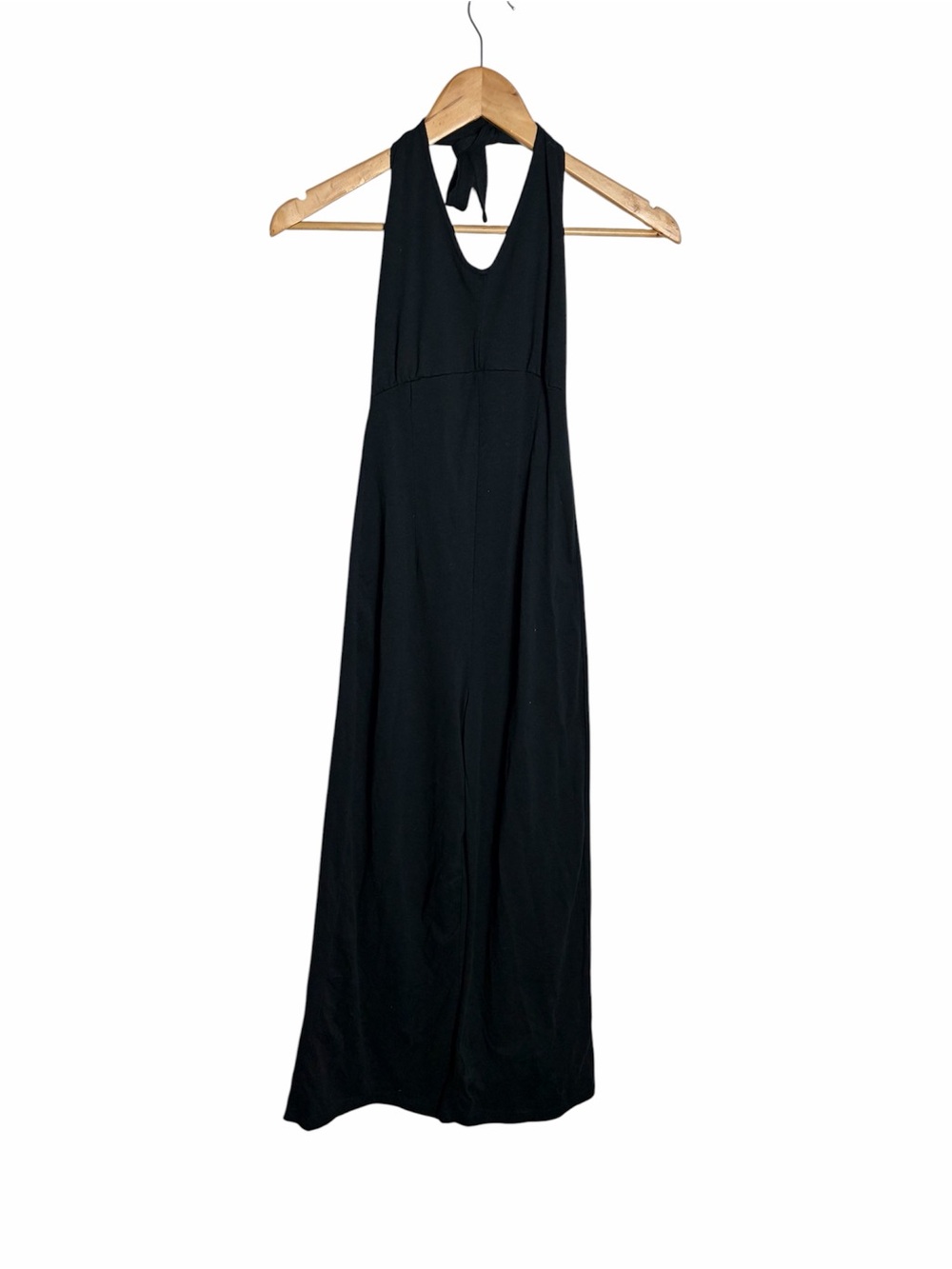Vintage 90s black halter tie cutout back wide leg pants jumpsuit romper size S